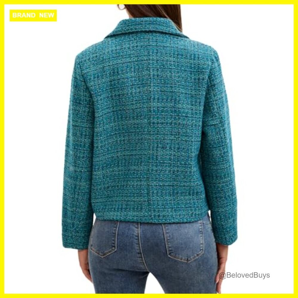 Short Tweed Blazer Double Breasted Pearl Button Work Casual Jacket - Picture 5 of 7